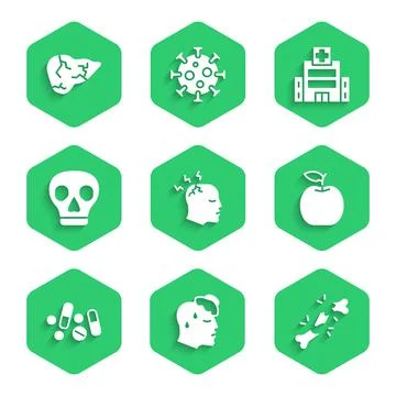 Set Man having headache, High human body temperature, Human broken bone, Apple Ilustración de archivo