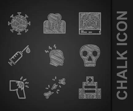 Set Man having headache Human broken bone Medical hospital building Skull Joi Ilustración de archivo