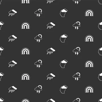 Set Man having headache, Rainbow, Cloud with rain and Storm on seamless patte Illustrazione stock