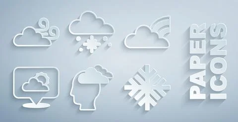 Set Man having headache, Rainbow with clouds, Location, Snowflake, Cloud snow Stock Illustration