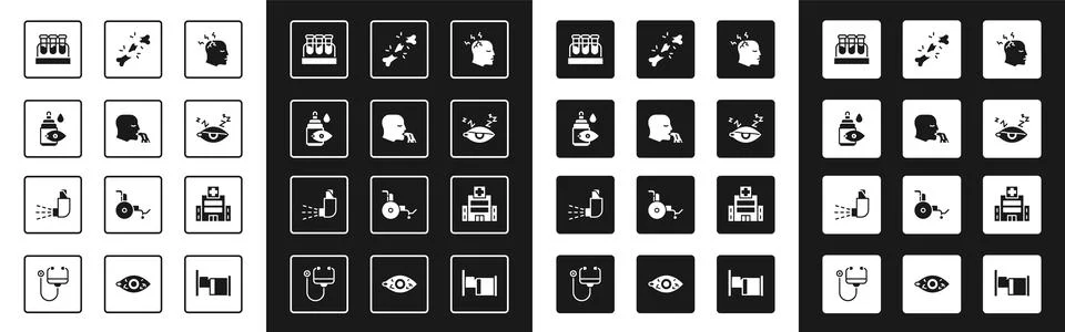 Set Man having headache, Vomiting man, Eye drop bottle, Test tube with bloo.. Ilustração Stock