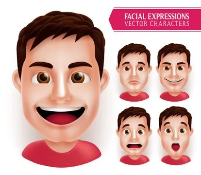 Set Man Head Emotions in 3D Realistic with Different Facial Expression Stock Illustration