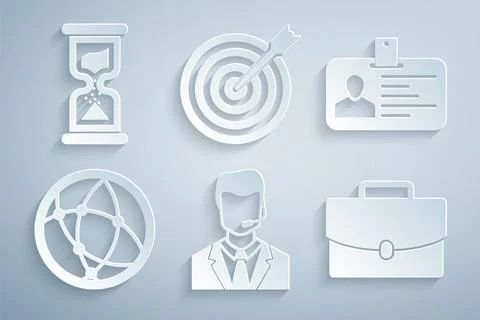 Set Man with a headset, Identification badge, Social network, Briefcase, Ta.. Stock Illustration