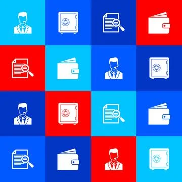 Set Man with a headset, Safe, Document search and Wallet icon. Vector Stock Illustration