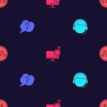 Set Man with a headset, Speech bubble Question, Computer monitor service and  Stock Illustration