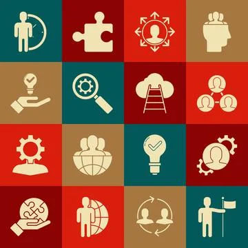 Set Man holding flag, Human with gear inside, Project team base, Magnifying.. 스톡 일러스트