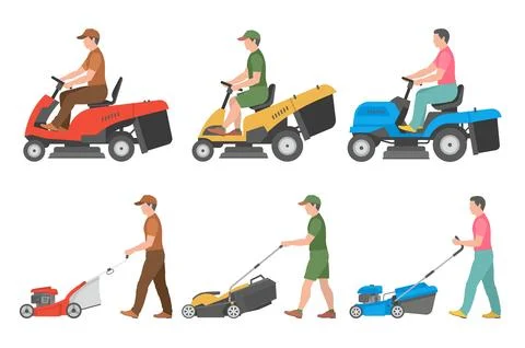 Set of Man with lawnmower Stock Illustration