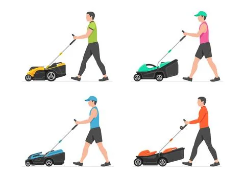 Set of Man with lawnmower Stock Illustration