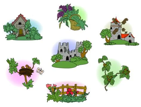 Set of man-made elements of village life. EPS10 vector illustration. Stock Illustration