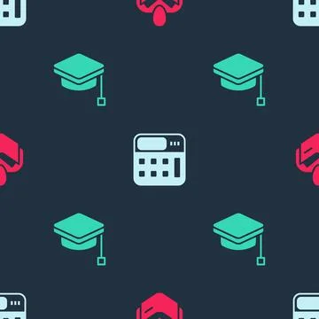 Set Man reading book, Calculator and Graduation cap on seamless pattern. Vector Illustrazione stock