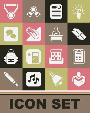 Set Man reading book, Exam sheet with check mark, Eraser or rubber, Dossier Stock Illustration