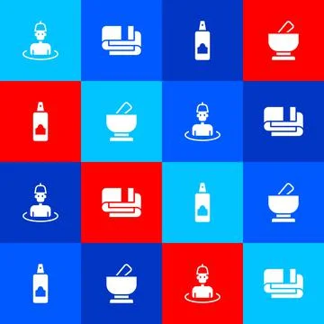 Set Man in the sauna, Towel stack, Spray can for hairspray and Mortar and pestle Stock Illustration
