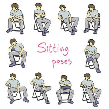 Set of man sitting in different poses illustration drawing vector isolated .. Stock Illustration