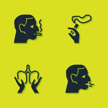 Set Man smoking a cigarette, coughing, Lungs and Hand with icon. Vector Stock Illustration