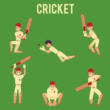 Set of man standing in hit or catch ball poses holding cricket bat cartoon style Stock Illustration