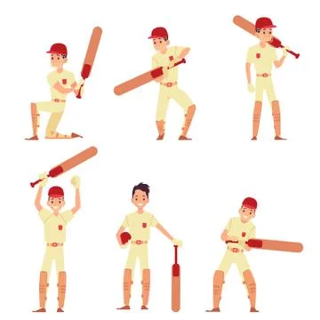 Set of man stands in different action poses holding cricket bat cartoon style Illustrazione stock