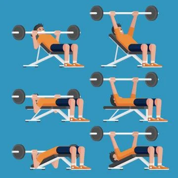 Set of man in weight training chest workout poses. Stock Illustration