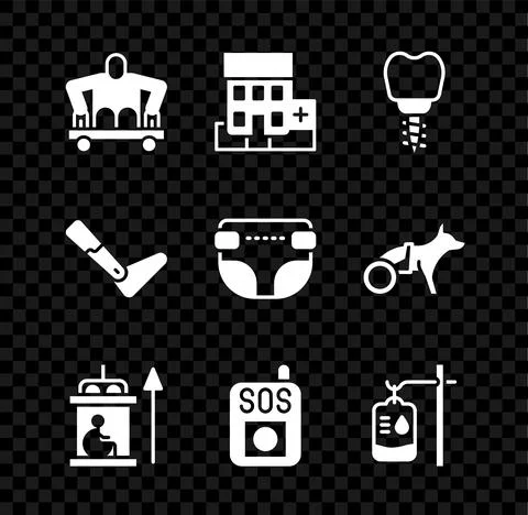 Set Man without legs sitting wheelchair, Medical hospital building, Dental Ilustración de archivo