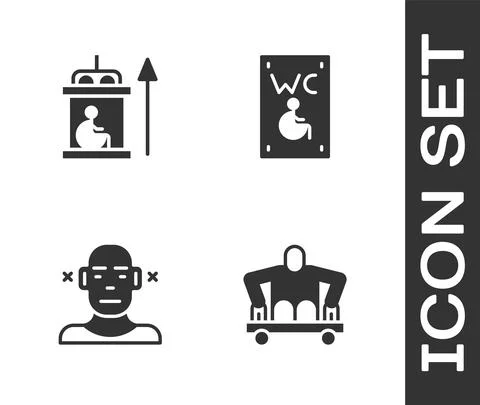 Set Man without legs sitting wheelchair, Elevator for disabled, Deaf and Stock Illustration