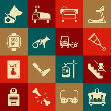 Set Man without legs sitting wheelchair, Disabled elevator, Crutch crutches Stock Illustration