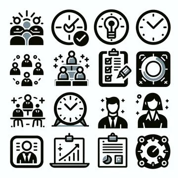 Set of management and workflow icons in black color on white background. Stock Illustration