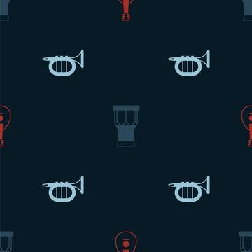 Set Mandolin, African percussion drum and Trumpet on seamless pattern. Vector Stock Illustration