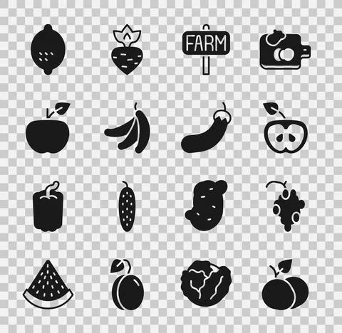Set Mango fruit, Grape, Apple, Location farm, Banana, Lemon and Eggplant icon Stock Illustration