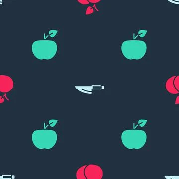 Set Mango fruit, Knife and Apple on seamless pattern. Vector Stock Illustration