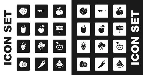 Set Mango fruit, Peach or nectarine, Bell pepper, Cabbage, Location farm, Knife Stock Illustration