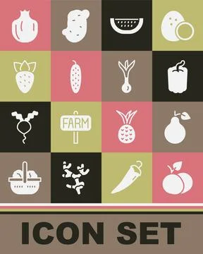 Set Mango fruit, Pear, Bell pepper, Watermelon, Cucumber, Strawberry Stock Illustration