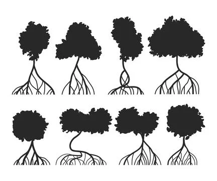 Set of mangrove tree silhouette set collection with roots and green leaves,.. Stock Illustration