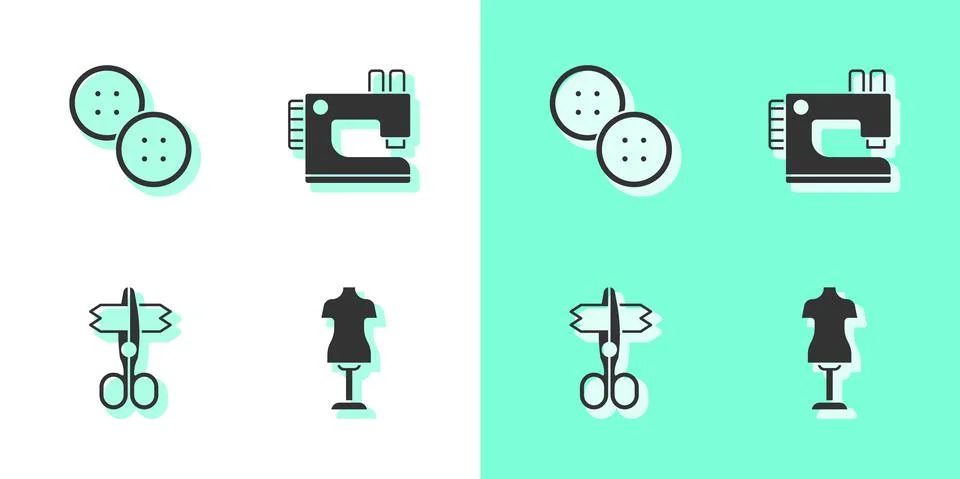 Set Mannequin, Sewing button, Scissors and machine icon. Vector Stock Illustration