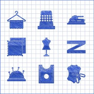 Set Mannequin, Sewing Pattern, Scissors and leather, Tape measure, Needle bed イラスト素材