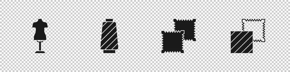 Set Mannequin, Sewing thread on spool, Textile fabric roll and icon. Vector Stock Illustration