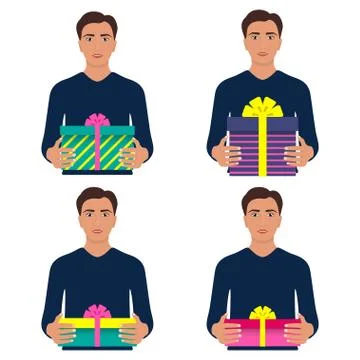 Set of mans, holding a gift in front of them. Man holding beautiful gift box  Stock Illustration