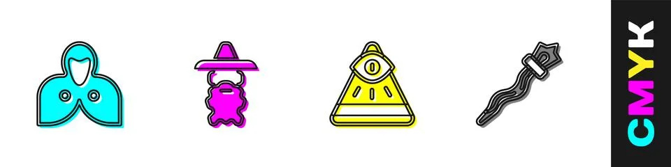 Set Mantle, cloak, cape, Wizard warlock, Masons and Magic staff icon. Vector Stock Illustration