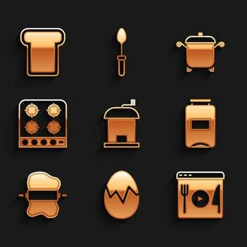 Set Manual coffee grinder, Broken egg, Cooking live streaming, Jam jar, Rolling Stock Illustration