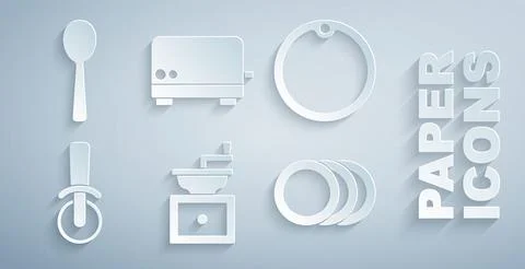 Set Manual coffee grinder, Cutting board, Pizza knife, Plate, Toaster and Spoon Stock Illustration