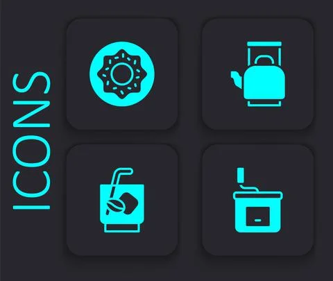Set Manual coffee grinder, Donut, Kettle with handle and Espresso tonic icon Illustration