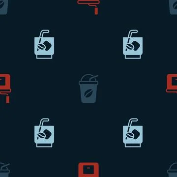 Set Manual coffee grinder, Iced and Espresso tonic on seamless pattern. Vector Stock Illustration