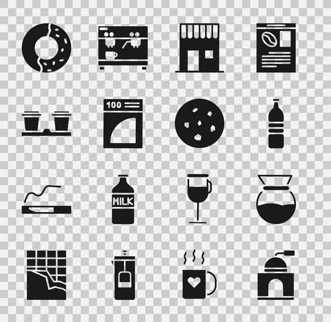 Set Manual coffee grinder, Pour over maker, Bottle water, Coffee shop, paper Ilustração Stock