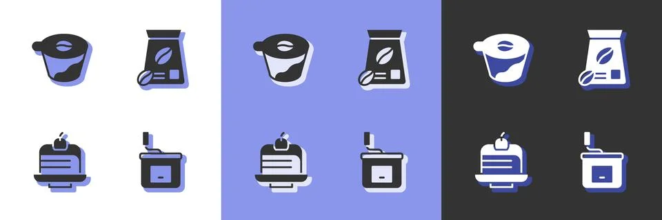 Set Manual coffee grinder, Pour over maker, Piece cake and Bag beans icon Stock Illustration