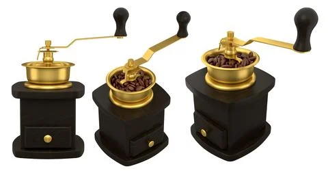 Set of manual coffee grinders with coffee beans inside, isolated on white bac Stock Photos