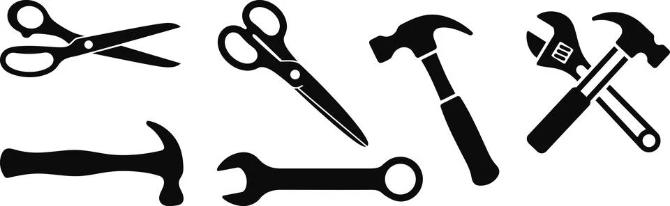 Set of manual hand tools silhouettes including scissors hammers and wrenches. Stock Illustration