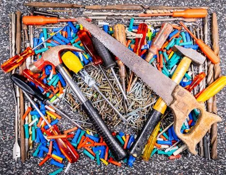Set of many DIY tools and accessories for a background Stock Photos
