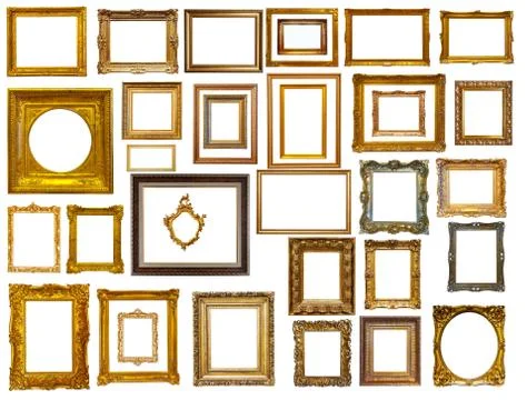 Set of many gold frames. Isolated over white 스톡 사진