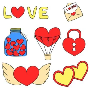 Set of many hand draw elements for Valentine's Day with heart Stock Illustration