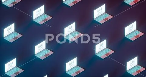 Set of many open gaming laptop on light blue and red background. Isometric vi PSD Template