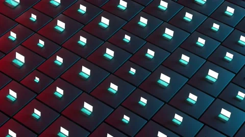 Set of many open laptops with shiny screens and red and blue light. 4k animat Stock Footage 172448283