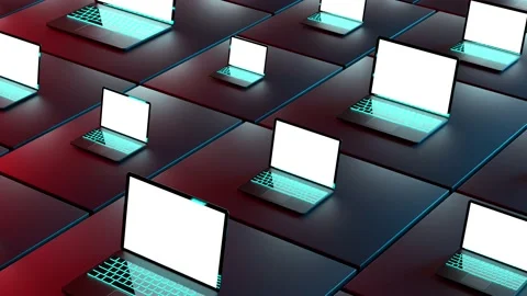 Set of many open laptops with shiny screens and red and blue light. 4k animat Stock Footage 191993817
